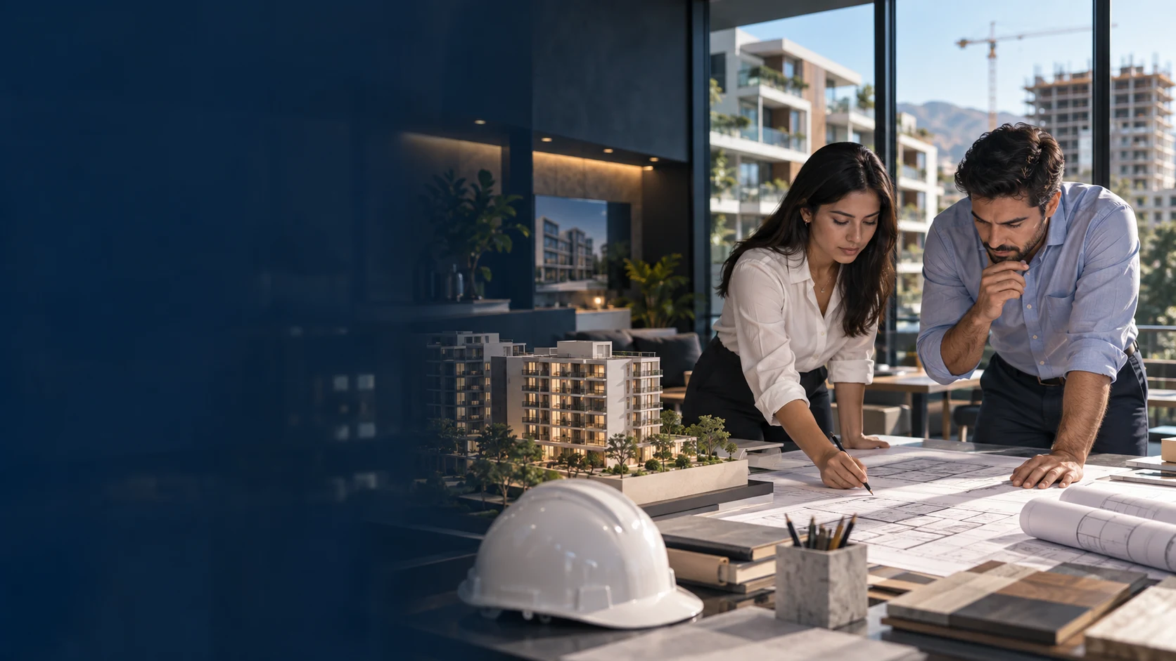 Profesionales de arquitectura e ingeniería revisando planos y una maqueta